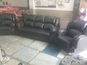 Black Leather Sofa And Two Sofa Chairs