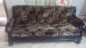 Brown Wooden Frame Beige Padded Foliage Sofa 3 seater