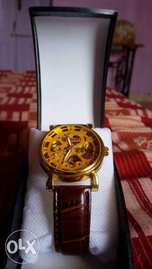 Automatic Round Gold Skeleton Watch With Brown Leather Strap