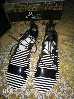 Black And White Striped Open Toe Strappy Flat Sandals