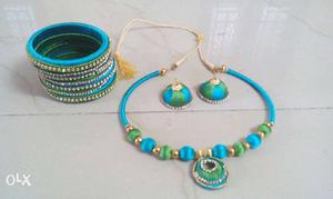 Blue And Green Silk Tread Necklace And Bangles With Jhumka