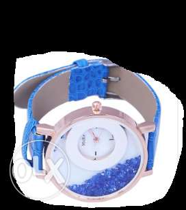 Gold Round Case Blue Strap Watch