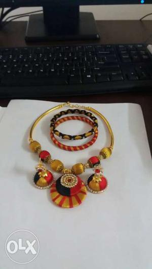 Golden, red and black colour silk thread necklace