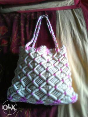 Knit White And Pink Tote Bag