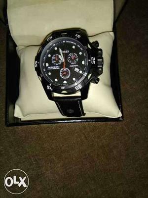 Men's Round Black Timex Chronograph Watch With Black Leather
