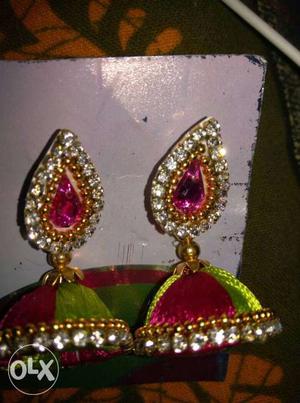 Pink, Green, Gold And Silver Jhumka Earring