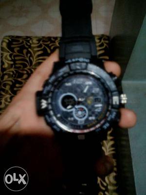 Round Black-face Chronograph Watch With Black Strap