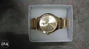 Round Chronograph Watch With Gold Link Strap In Box