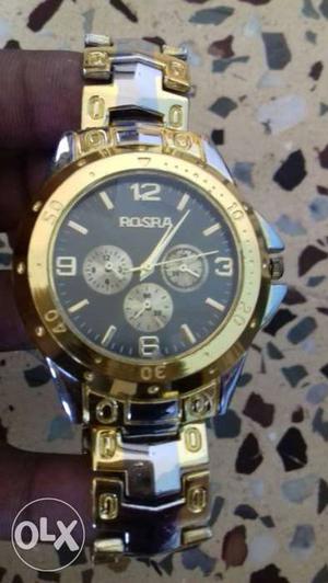 Round Gold Rosra Chronograph Watch With Link Band