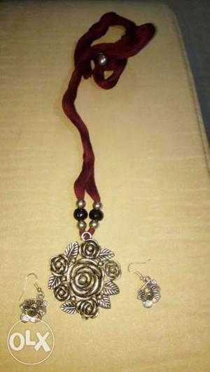 Silver Floral Pendant Brown Necklace And Hook Earrings Set