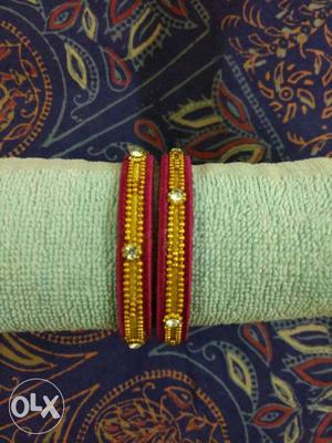 Two Red-and-yellow Beaded Embellished Bangles