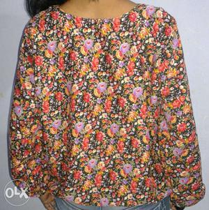 Women's Black, Brown, Pink, And Green Floral Long Sleeve top