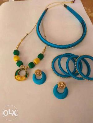 Women's Blue Headband Bracelet And Earrings