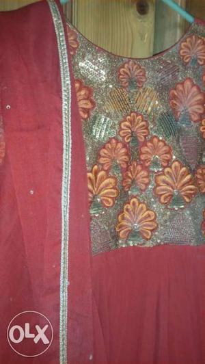 Women's Red And Brown Floral Salwar Kameez
