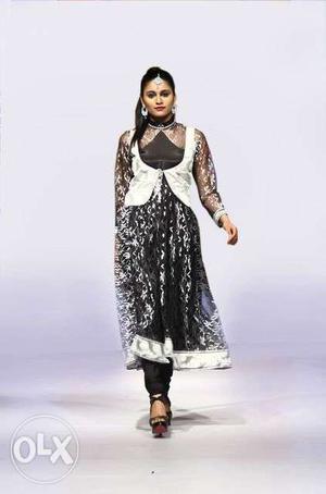 Women's White And Black Mesh Traditional Dress