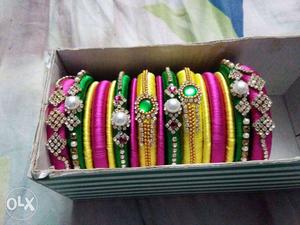Women's Yellow Pink And Green Silk Thread Bangle Bracelets