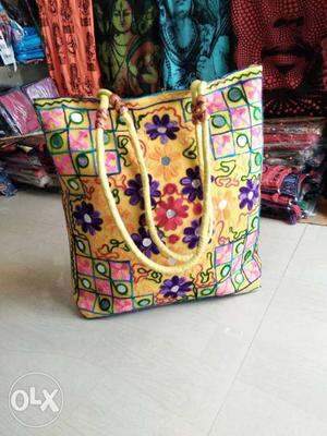Yellow, Purple And Pink Floral Print Tote Bag