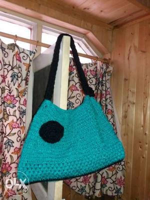 Aqua And Black Knitted Shoulder Bag