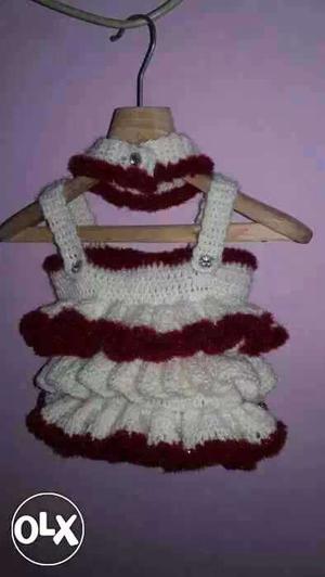Baby's Red And White Crochet Ruffled Dress