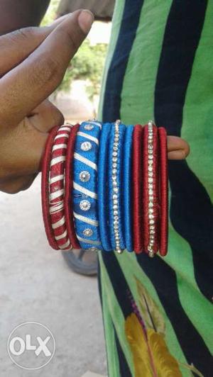 Blue And Red Beaded Thread Bangles