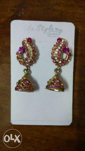 Gold And Pink Beaded Jhumka Earrings