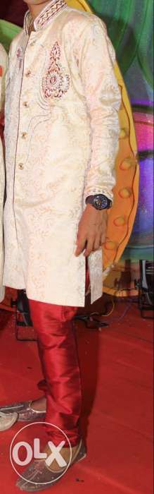 Men's Beige And Red Floral Sherwani