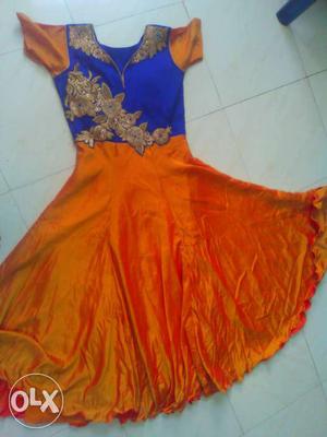 Orange, Blue, And Beige Floral V-neck Cap Sleeve Maxi Dress