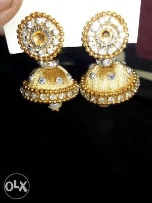 Pair Of Gold Silk Thread Jhumkas Earrings