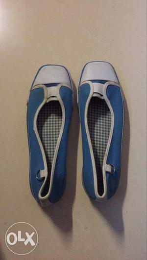 Pair Of White-and-blue Slip-on Shoes