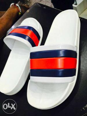 Pair Of White-red-and-blue Slide Sandals