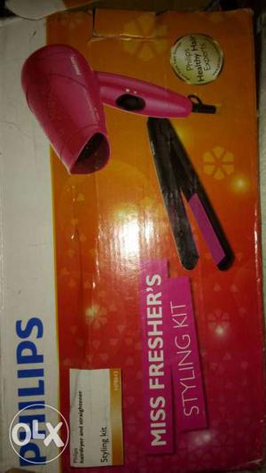 Pink And Black Philips Hair Blower And Flat Iron Set Box