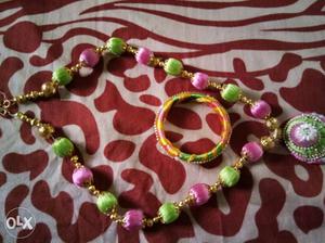Pink And Green Beaded Necklace; Green And Red Silky Thread