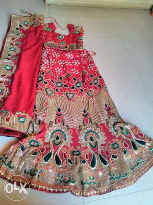 Red. Beige, And Black Floral Sari