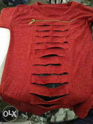 Red Cut-out Crew Neck T Shirt