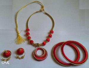 Red Silk Thread Bangles, Necklace And Earring Set