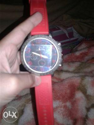 Round Black Frame Chronograph With Red Strap
