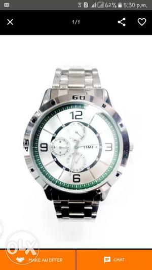 Round Silver Chronograph Watch With Silver Bracelet
