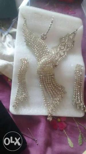 Silver Diamond Necklace And Earrings Set
