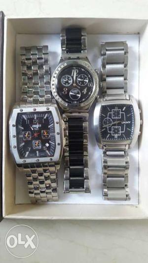Three Silver Chronograph Watches In Box