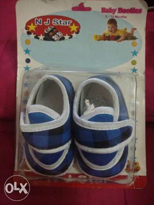 Toddler's Blue-and-white Single Hook And Loop Strap Booties