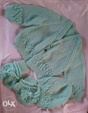 Baby's Blue Knit Cardigan, Hat And Booties