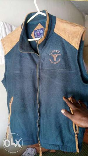 Blue And Beige Zip-up Vest