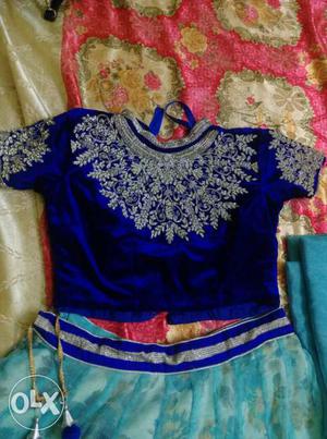 Blue velvet heavy work blouse with lehnga
