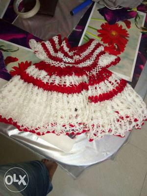 Girl's Red And White Knitted Dress