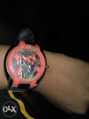 Round Black And Red Faced Chronograph Watch With Black Strap
