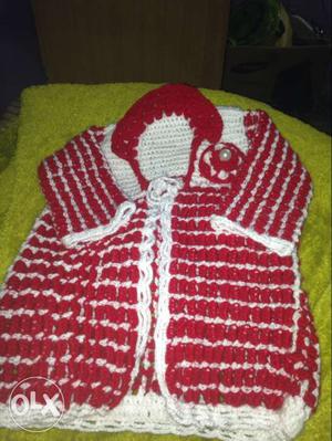 Toddler's Red And White Knit Cardigan