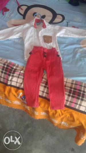 Toddler's White Long Sleeve Shirt And Red Pants