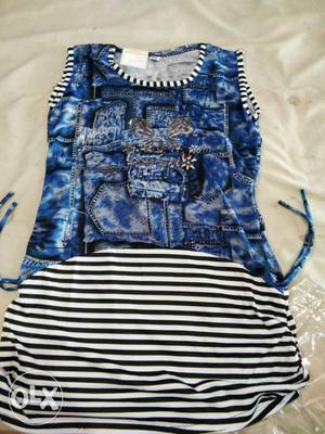Women's Blue, Black And White Striped Sleeveless Dress