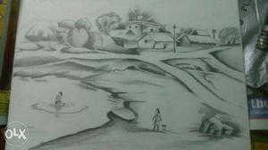 Beautiful pencil sketch of a Village.