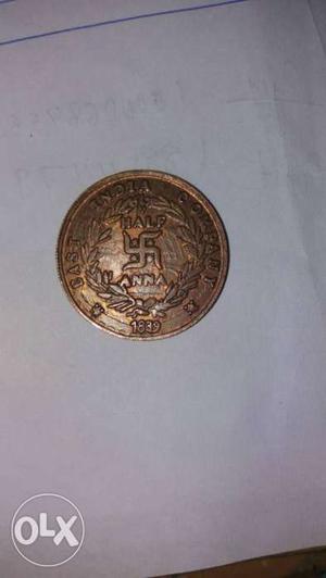 Round Bronze Half Anna Coin